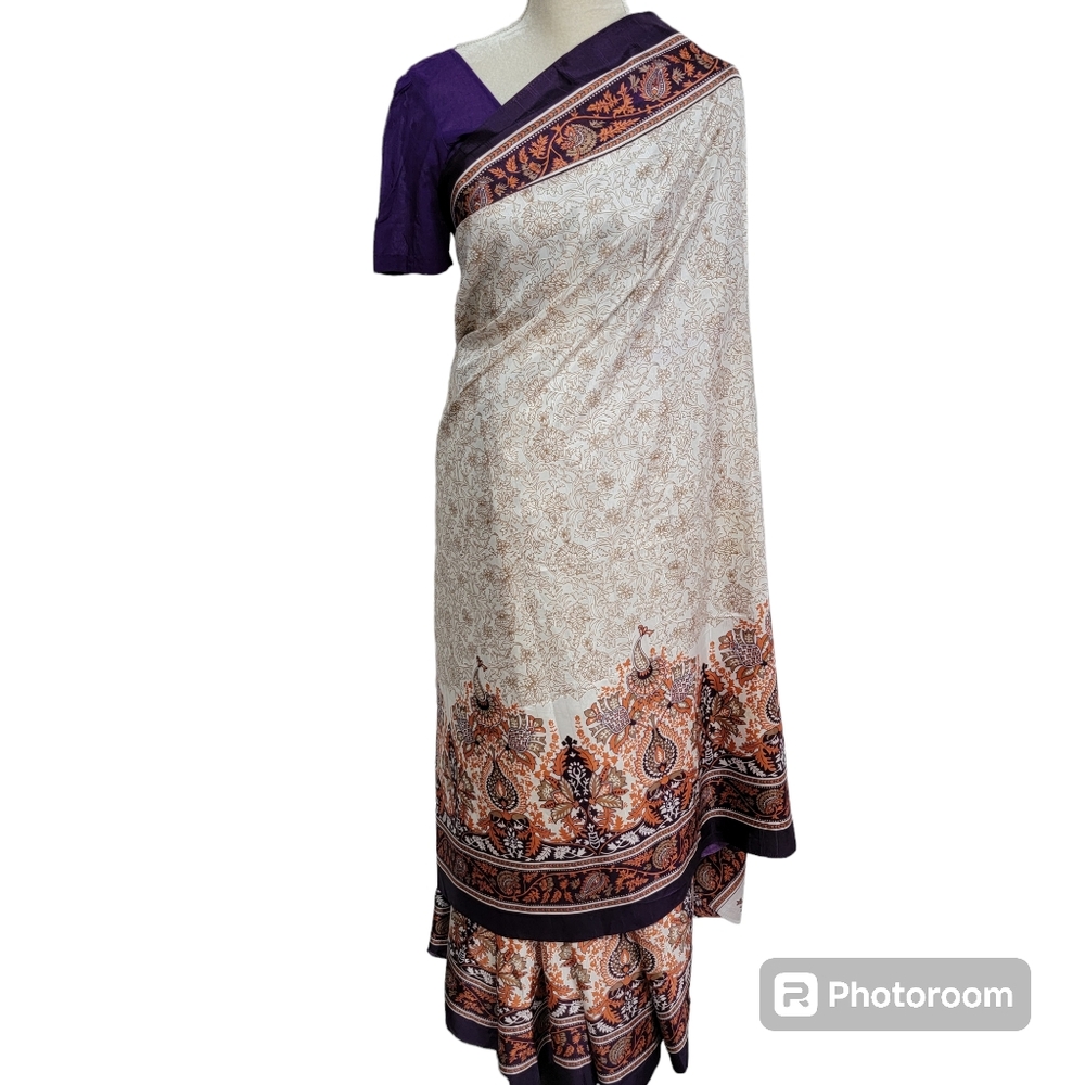 Purple, orange, brown flower print silk saree/sari for party or wedding
